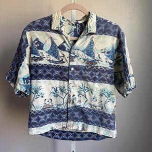 California Swimwear sz‎ M blue tiki hula 100% cotton button-up shirt